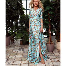 Load image into Gallery viewer, Women's print slim dress mid-sleeved V-neck maxi skirt