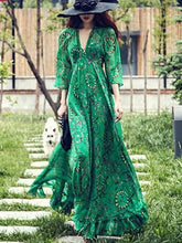 Load image into Gallery viewer, Bohemia Chiffon Green Flared Sleeves V-neck Maxi Dress