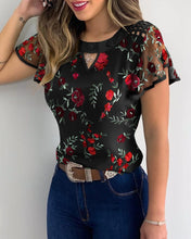 Load image into Gallery viewer, Popular Flower Embroidery Perspective Mesh Ruffle Sleeve Hollow Casual Top