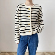Load image into Gallery viewer, Autumn and winter Korean contrasting striped knitted cardigan women's winter single -row metal buckle pocket sweater cardigans