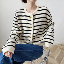 Load image into Gallery viewer, Autumn and winter Korean contrasting striped knitted cardigan women's winter single -row metal buckle pocket sweater cardigans