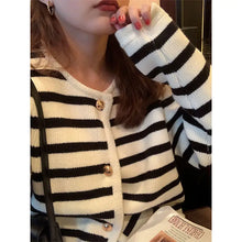 Load image into Gallery viewer, Autumn and winter Korean contrasting striped knitted cardigan women's winter single -row metal buckle pocket sweater cardigans