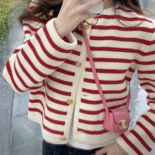 Load image into Gallery viewer, Autumn and winter Korean contrasting striped knitted cardigan women's winter single -row metal buckle pocket sweater cardigans