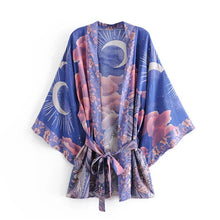 Load image into Gallery viewer, Boho Queens Vintage Star and Moon Floral Print Sashes Women Bohemian V Neck Batwing Sleeves Happie Short Robe Kimono
