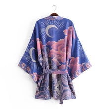 Load image into Gallery viewer, Boho Queens Vintage Star and Moon Floral Print Sashes Women Bohemian V Neck Batwing Sleeves Happie Short Robe Kimono