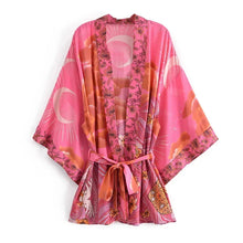 Load image into Gallery viewer, Boho Queens Vintage Star and Moon Floral Print Sashes Women Bohemian V Neck Batwing Sleeves Happie Short Robe Kimono