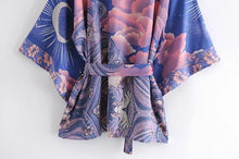 Load image into Gallery viewer, Boho Queens Vintage Star and Moon Floral Print Sashes Women Bohemian V Neck Batwing Sleeves Happie Short Robe Kimono