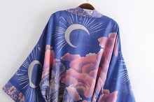 Load image into Gallery viewer, Boho Queens Vintage Star and Moon Floral Print Sashes Women Bohemian V Neck Batwing Sleeves Happie Short Robe Kimono
