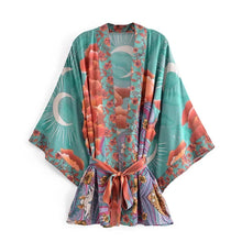Load image into Gallery viewer, Boho Queens Vintage Star and Moon Floral Print Sashes Women Bohemian V Neck Batwing Sleeves Happie Short Robe Kimono