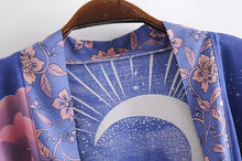 Load image into Gallery viewer, Boho Queens Vintage Star and Moon Floral Print Sashes Women Bohemian V Neck Batwing Sleeves Happie Short Robe Kimono