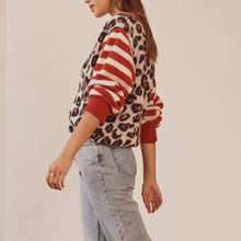 Load image into Gallery viewer, Combhasaki Women's Y2K Vintage Sweaters Aesthetic Striped Leopard Print Patchwork Button-down Round Neck Loose Fit Knitwear Coat