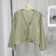 Load image into Gallery viewer, Cotton Line Tops Women Lace Up V-neck Loose Solid Shirts Female 2024 Summer New Long Sleeves Fashion Casual Soft Shirt Lady