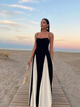 Load image into Gallery viewer, Elegant Black White Contrasting Women Sling Dress Fashion Backless Sleeveless High Waist Maxi Dresses Female Party A-line Robes