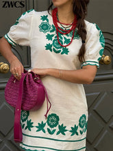 Load image into Gallery viewer, Elegant Flower Embroidery Wave Edge Dress Women Short Puff Sleeve O-neck Contrast Mini Dresses 2024 Summer Female Chic Vestidos