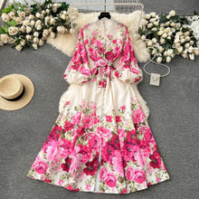 Load image into Gallery viewer, Elegant Gorgeous Floral Bohemian Dress Spring Women Stand Long Lantern Sleeve Floral Print Belt Linen Long Vestidos Clothes 6235