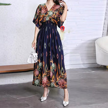 Load image into Gallery viewer, Elegant Sweet Bohemian Style V-neck Elastic Waist Loose Large Swing Flower Printed Girls Summer Dress for Woman 2023  Skirt