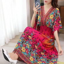 Load image into Gallery viewer, Elegant Sweet Bohemian Style V-neck Elastic Waist Loose Large Swing Flower Printed Girls Summer Dress for Woman 2023  Skirt