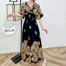 Load image into Gallery viewer, Elegant Sweet Bohemian Style V-neck Elastic Waist Loose Large Swing Flower Printed Girls Summer Dress for Woman 2023  Skirt