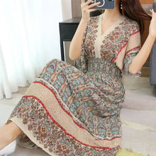 Load image into Gallery viewer, Elegant Sweet Bohemian Style V-neck Elastic Waist Loose Large Swing Flower Printed Girls Summer Dress for Woman 2023  Skirt