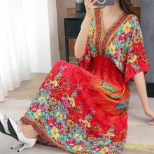 Load image into Gallery viewer, Elegant Sweet Bohemian Style V-neck Elastic Waist Loose Large Swing Flower Printed Girls Summer Dress for Woman 2023  Skirt