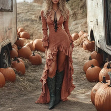 Load image into Gallery viewer, Ethnic Retro Solid Ruffle Irregular Dress Women Spring V Neck Slim Party Long Dress Autumn Long Sleeve Boho Maxi Dress