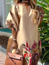 Load image into Gallery viewer, Freeacy Women's Elegant Floral Printed Maxi Dress Boat Neck Puff Sleeves H-line Splited Evening Dresses Floor Length Party Dress