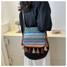 Load image into Gallery viewer, Small Fresh Ethnic Style Crossbody Bag for Women's New Fashion Versatile Wide Shoulder Strap Single Shoulder Bag Tassel Bucket Bag