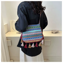 Load image into Gallery viewer, Small Fresh Ethnic Style Crossbody Bag for Women's New Fashion Versatile Wide Shoulder Strap Single Shoulder Bag Tassel Bucket Bag