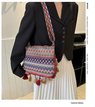 Load image into Gallery viewer, Small Fresh Ethnic Style Crossbody Bag for Women's New Fashion Versatile Wide Shoulder Strap Single Shoulder Bag Tassel Bucket Bag