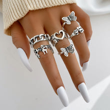 Load image into Gallery viewer, 9-piece Set of Vintage Crying Face Rings, Playing Card Rings, Hollowed Out Love Rings, Daisy Rings, Alloy Chain Rings