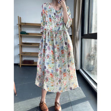 Load image into Gallery viewer, Summer Printing Unique and Unique Skirt Round Neck Forest Cotton Linen Imitation Ramie Fragmented Flower Dress