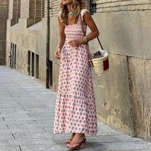 Load image into Gallery viewer, Summer Women's Elegant Print Elastic Strap Skirt Holiday Style French Fragmented Flower Hanging Strap Long Dress