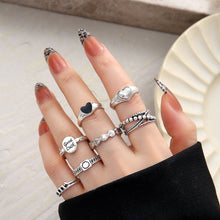 Load image into Gallery viewer, 9-piece Set of Vintage Crying Face Rings, Playing Card Rings, Hollowed Out Love Rings, Daisy Rings, Alloy Chain Rings