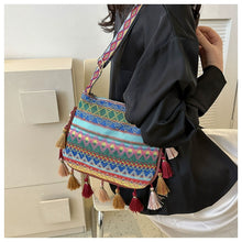 Load image into Gallery viewer, Small Fresh Ethnic Style Crossbody Bag for Women's New Fashion Versatile Wide Shoulder Strap Single Shoulder Bag Tassel Bucket Bag