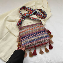 Load image into Gallery viewer, Small Fresh Ethnic Style Crossbody Bag for Women's New Fashion Versatile Wide Shoulder Strap Single Shoulder Bag Tassel Bucket Bag