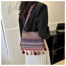 Load image into Gallery viewer, Small Fresh Ethnic Style Crossbody Bag for Women's New Fashion Versatile Wide Shoulder Strap Single Shoulder Bag Tassel Bucket Bag