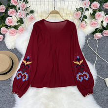 Load image into Gallery viewer, Vintage embroidery ethnic style new women's clothing French style minimalist style V-neck bubble sleeve embroidered shirt