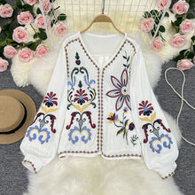 Load image into Gallery viewer, Vintage embroidery ethnic style new women's clothing French style minimalist style V-neck bubble sleeve embroidered shirt
