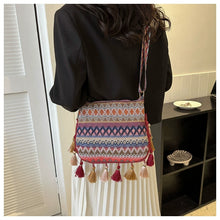 Load image into Gallery viewer, Small Fresh Ethnic Style Crossbody Bag for Women's New Fashion Versatile Wide Shoulder Strap Single Shoulder Bag Tassel Bucket Bag