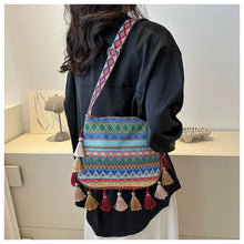 Load image into Gallery viewer, Small Fresh Ethnic Style Crossbody Bag for Women's New Fashion Versatile Wide Shoulder Strap Single Shoulder Bag Tassel Bucket Bag
