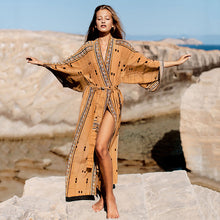 Load image into Gallery viewer, New Green Geometric Cardigan Loose Plus Size Beach Sunscreen Coat Bikini Blouse Swimsuit with Women Outside