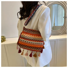 Load image into Gallery viewer, Small Fresh Ethnic Style Crossbody Bag for Women's New Fashion Versatile Wide Shoulder Strap Single Shoulder Bag Tassel Bucket Bag