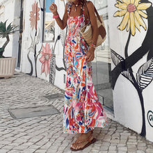 Load image into Gallery viewer, Summer Women's Elegant Print Elastic Strap Skirt Holiday Style French Fragmented Flower Hanging Strap Long Dress