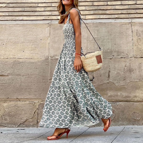 Summer Women's Elegant Print Elastic Strap Skirt Holiday Style French Fragmented Flower Hanging Strap Long Dress