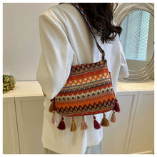 Load image into Gallery viewer, Small Fresh Ethnic Style Crossbody Bag for Women's New Fashion Versatile Wide Shoulder Strap Single Shoulder Bag Tassel Bucket Bag