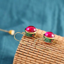 Load image into Gallery viewer, Gilded Enamel Color National Style Flower Light Luxury Ruby Female Living Ring Earrings