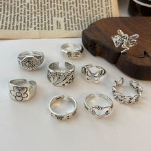 Load image into Gallery viewer, 9-piece Set of Vintage Crying Face Rings, Playing Card Rings, Hollowed Out Love Rings, Daisy Rings, Alloy Chain Rings