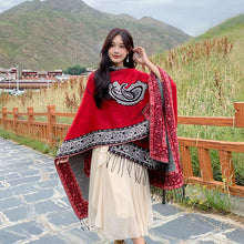 Load image into Gallery viewer, Tibetan Great Retro Totem Red Warm Outer Shawl Women's Scarf Autumn and Winter Cloak Big Cloak