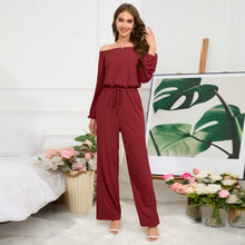 Load image into Gallery viewer, Women's Autumn and Winter New Casual One Shoulder Long Sleeved Waist Trimming Jumpsuit with Tie Up Wide Leg Pants