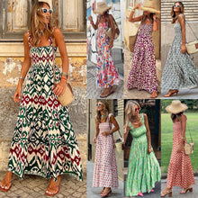 Load image into Gallery viewer, Summer Women's Elegant Print Elastic Strap Skirt Holiday Style French Fragmented Flower Hanging Strap Long Dress